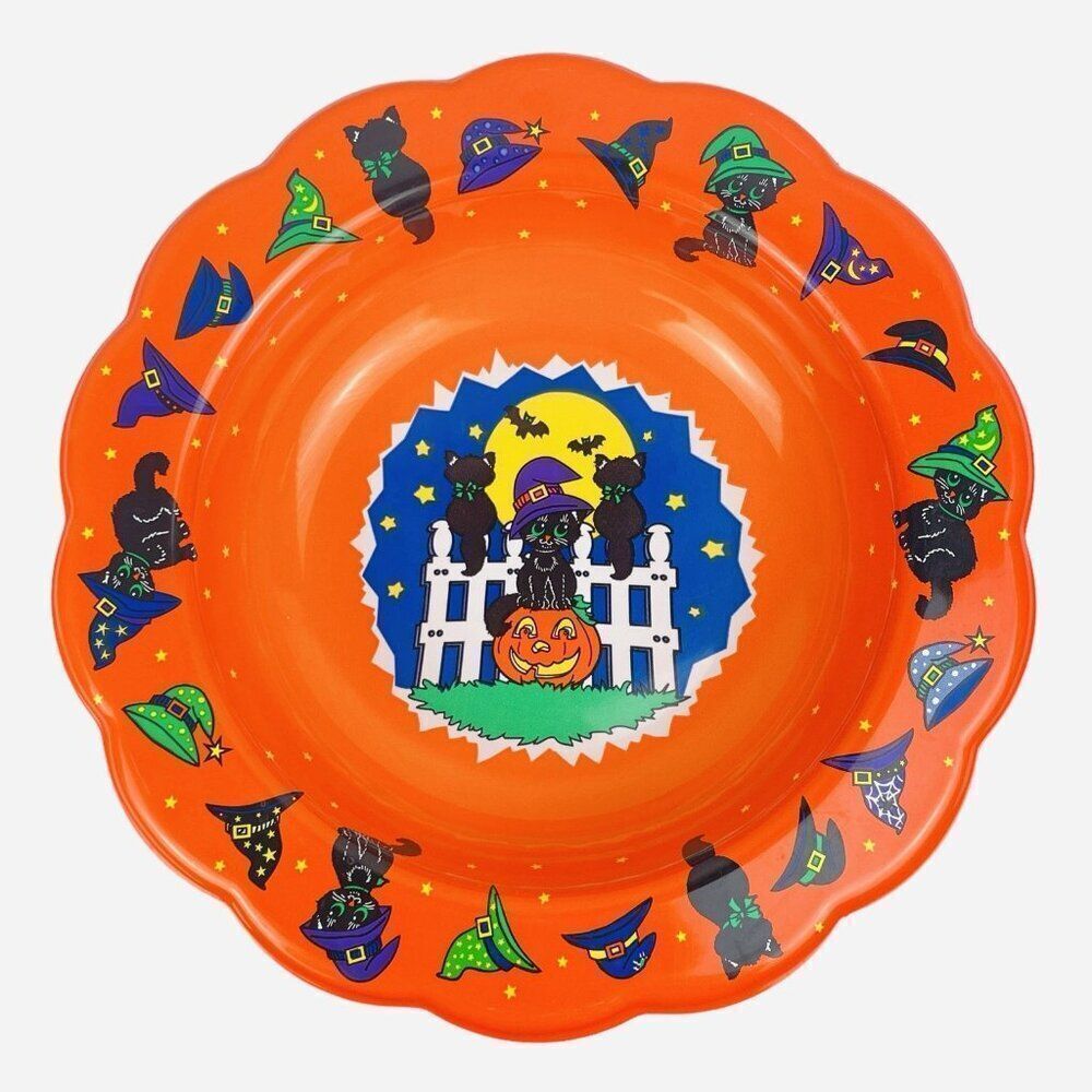 Vintage 1996 Pumpkin Hollow Plastic Halloween Candy Bowl Black Cats Witch Hats
